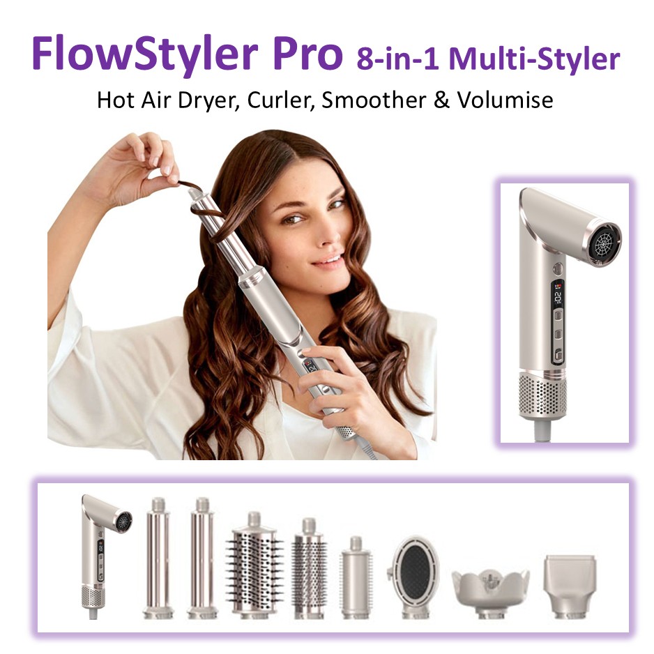 HiTechBeauty FlowStyler Pro 8-in-1 Multi-Styler - Hot Air Dryer, Curler, Smoother & Volumiser