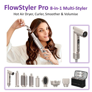 HiTechBeauty FlowStyler Pro 8-in-1 Multi-Styler - Hot Air Dryer, Curler, Smoother & Volumiser (with travel case)